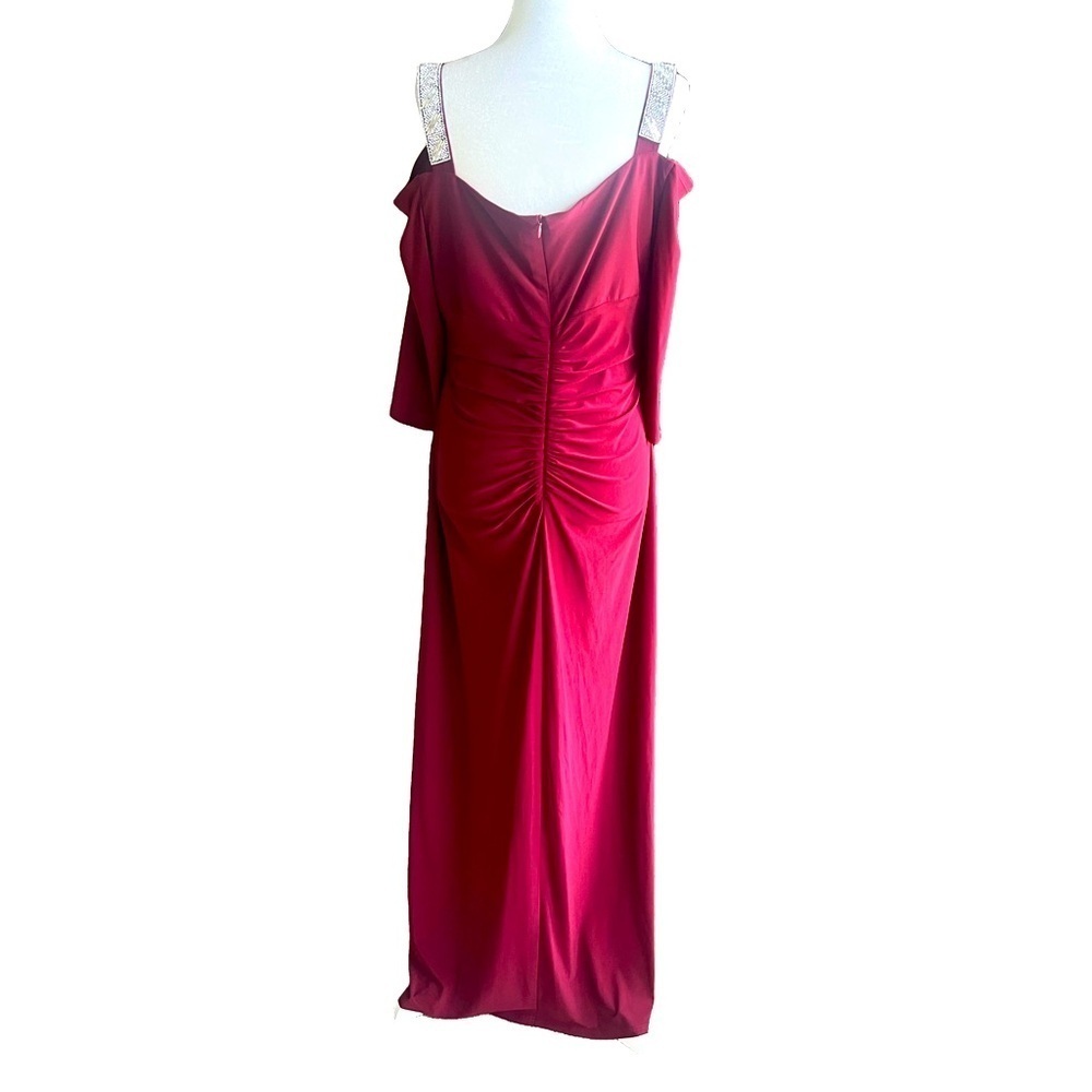 R&M Collection Formal Rhinestone Cold Shoulder Full Length Ruched Dress Merlot - Picture 4 of 15